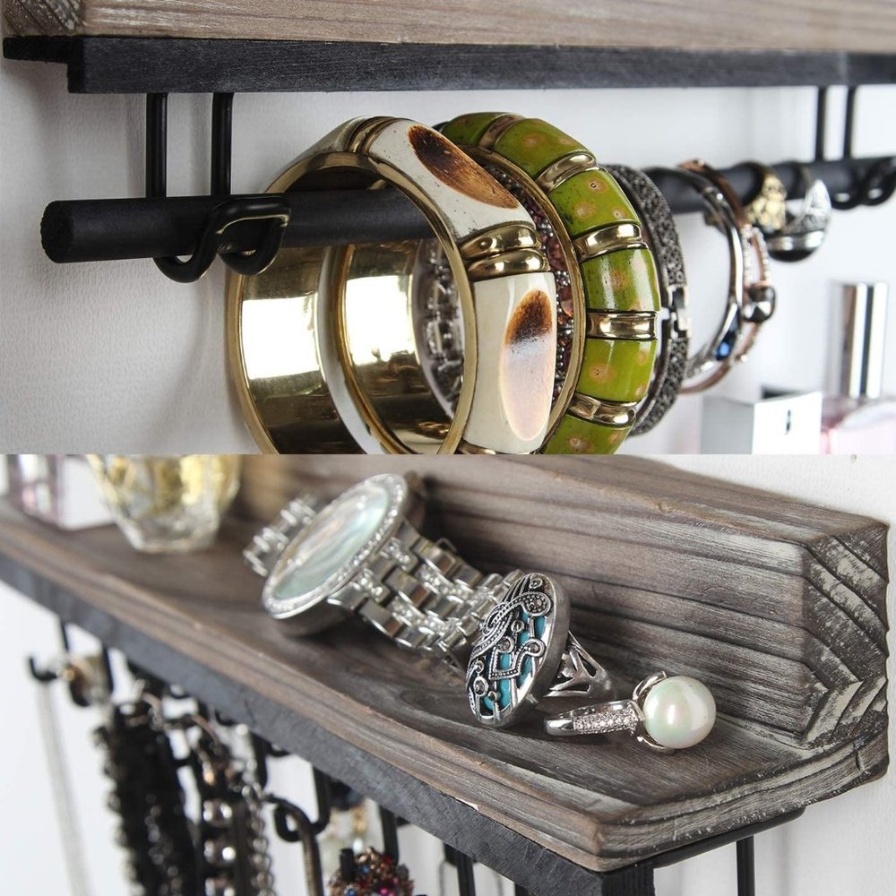 Rustic Wood 3-Piece Wall Mounted Jewelry Rack - Picture 6 of 7